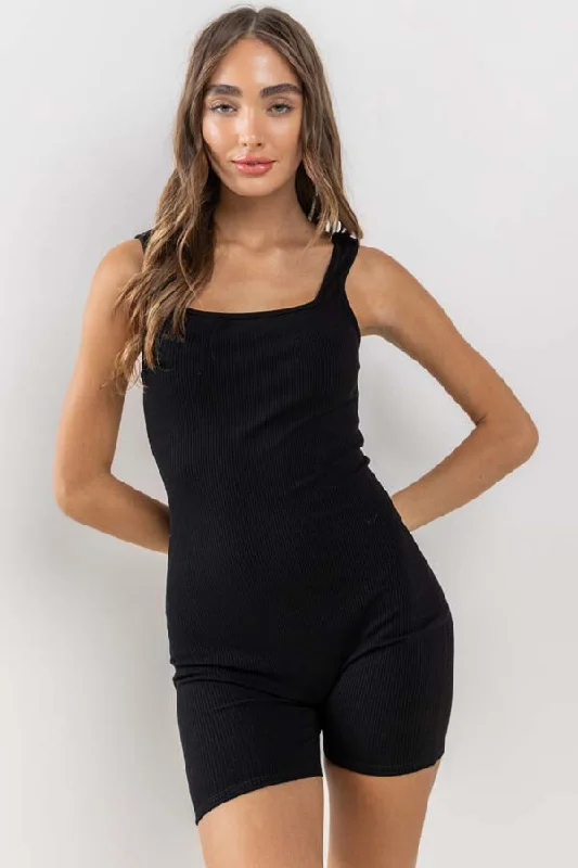 Black Ribbed Square Neck Sleeveless Romper