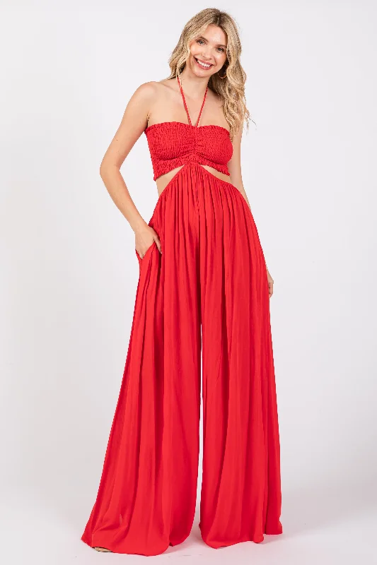 Red Smocked Drawstring Halter Side Cutout Jumpsuit