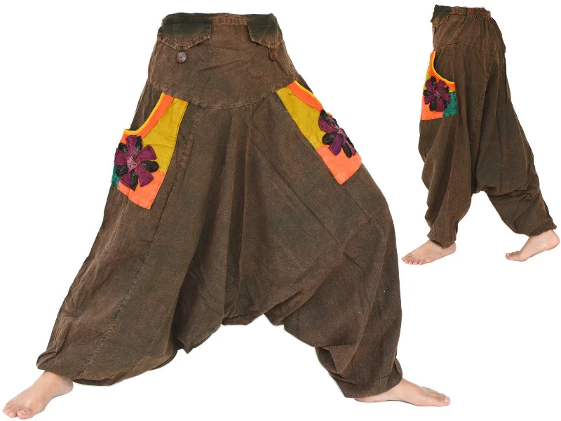 Unique Drop Crotch Pants Harem Pants Men Women Stonewashed Cotton Brown