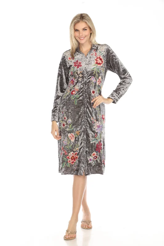 Johnny Was JWLA Grey Crushed Velvet Midi Shirt Dress J34524-O